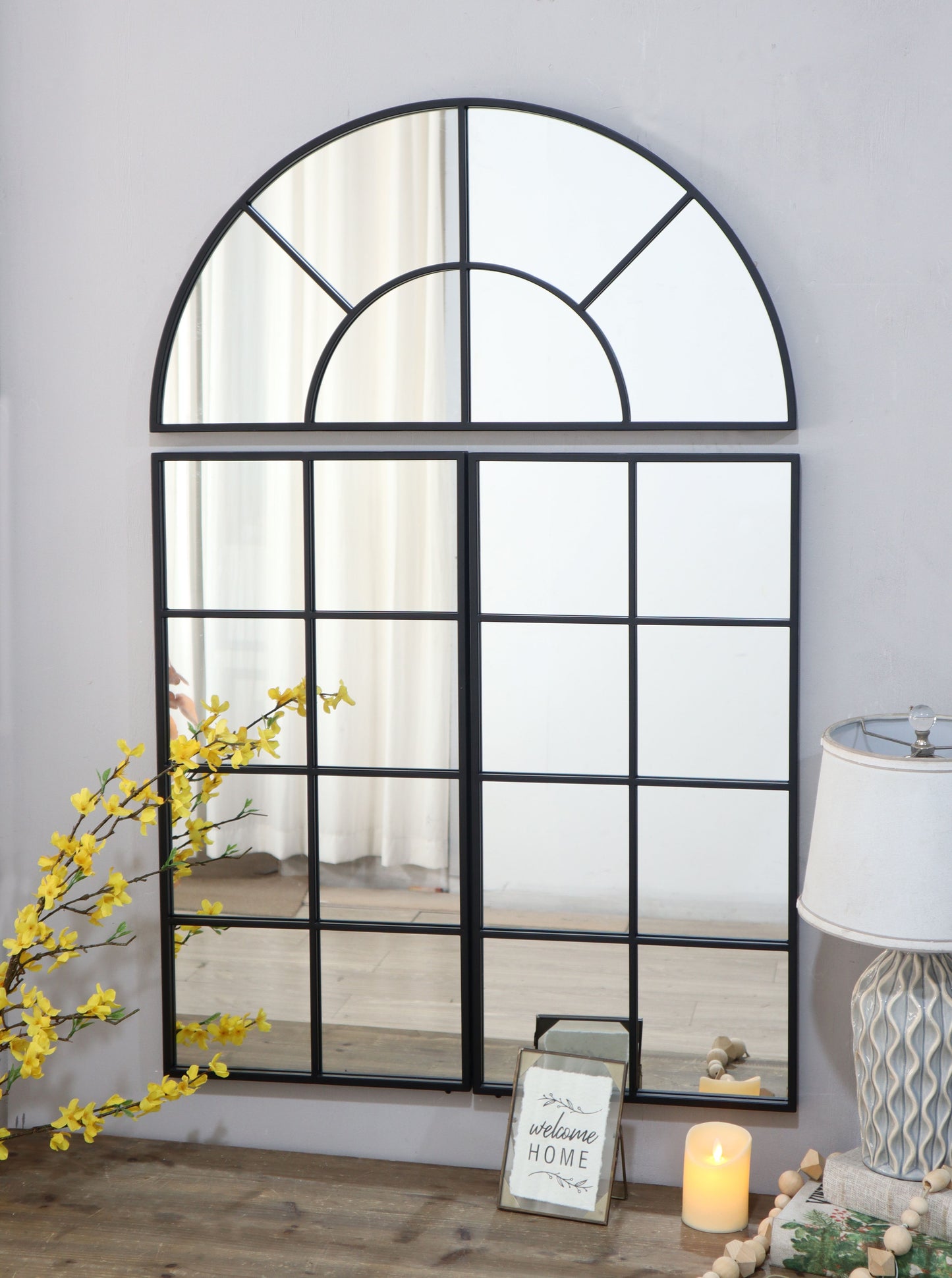Espejo de pared grande arqueado con 3 secciones separadas - Negro