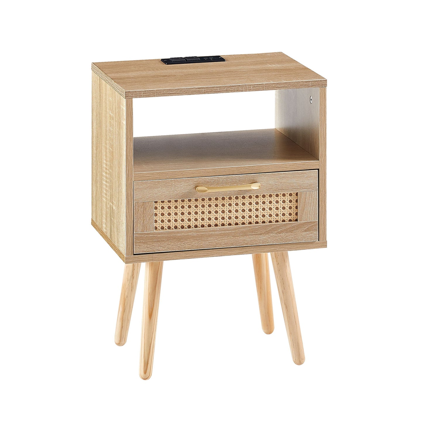 Mesa auxiliar de ratán de 40 cm con toma de corriente y puertos USB, mesita de noche moderna con cajón y patas de madera maciza, mesa auxiliar para sala de estar y dormitorio.
