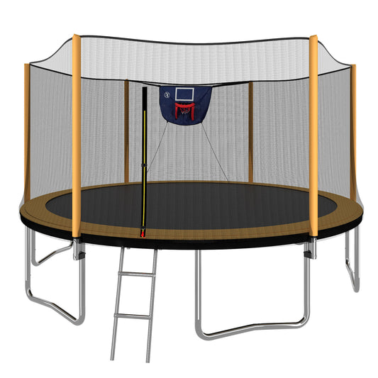 Trampolín avanzado de 4,2 m con recubrimiento en polvo, con inflador de aro de baloncesto y escalera (con cubierta exterior de seguridad), color naranja