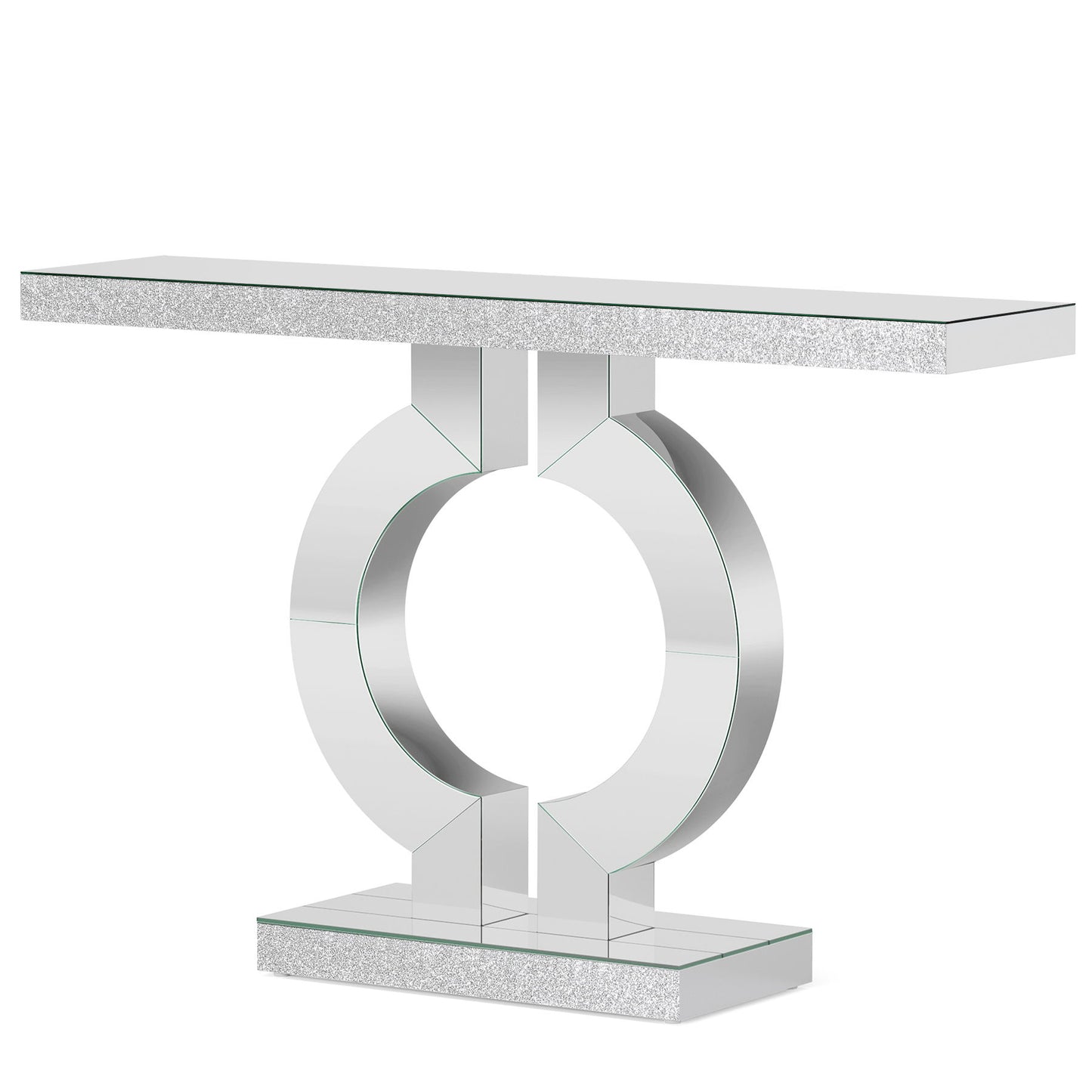 Mirrored Console Table With O-Shaped Base For Living Hallway - Silver / Clear