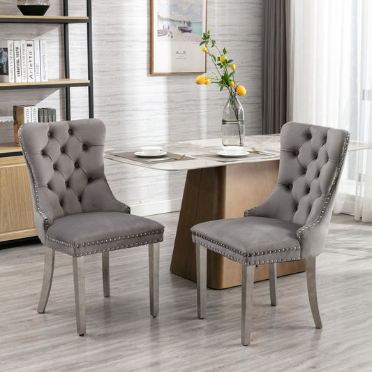 Nikki - Silla de comedor moderna y de alta gama, de madera maciza capitoné, tapizada en terciopelo, con patas de acero inoxidable cromado y ribete de tachuelas (juego de 2)