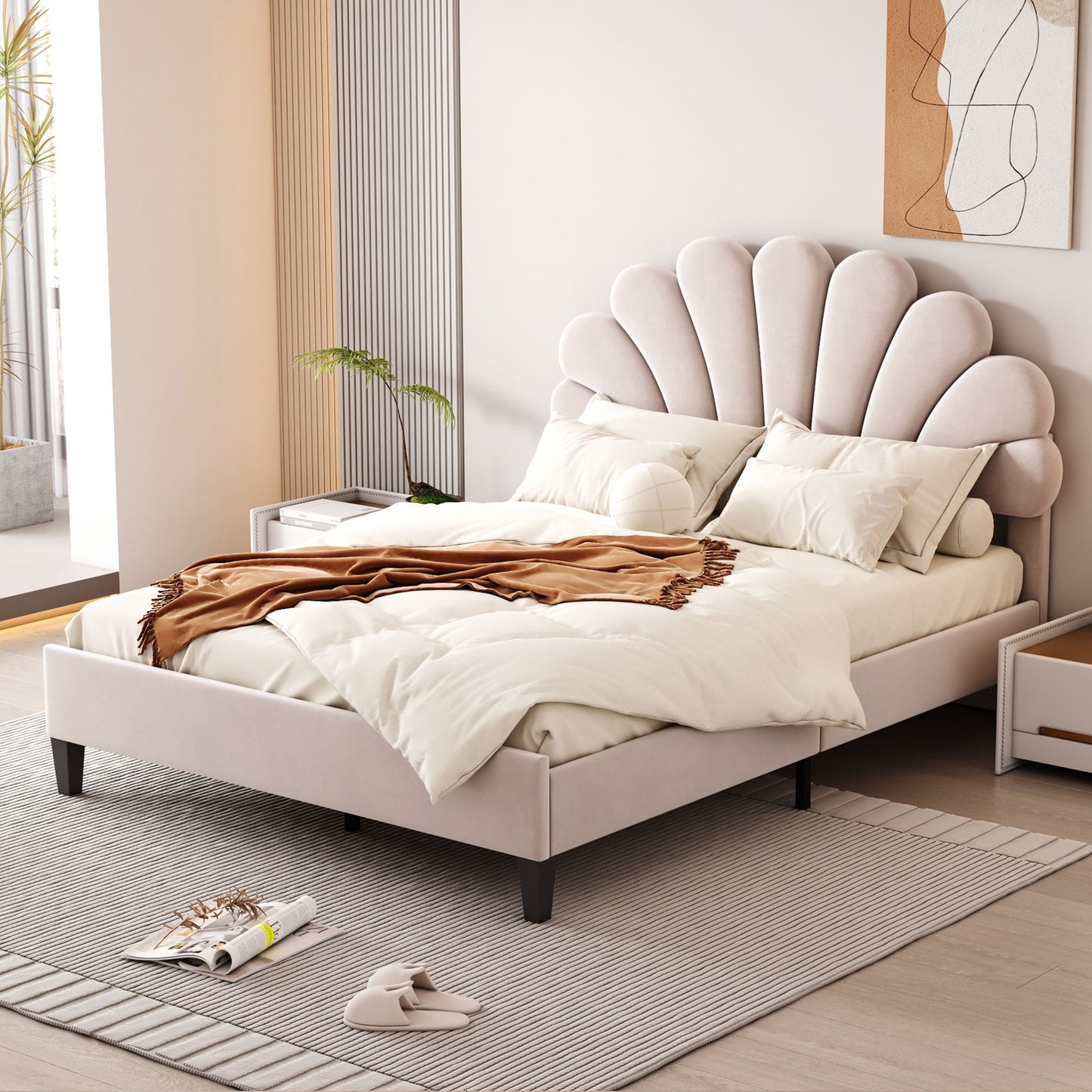 Cama de plataforma tapizada con cabecero de terciopelo con estampado floral