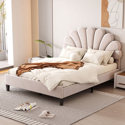 Cama de plataforma tapizada con cabecero de terciopelo con estampado floral