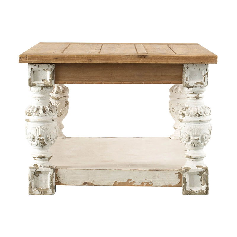 Mesa de centro rectangular de madera, estilo rústico francés, marrón/blanco antiguo