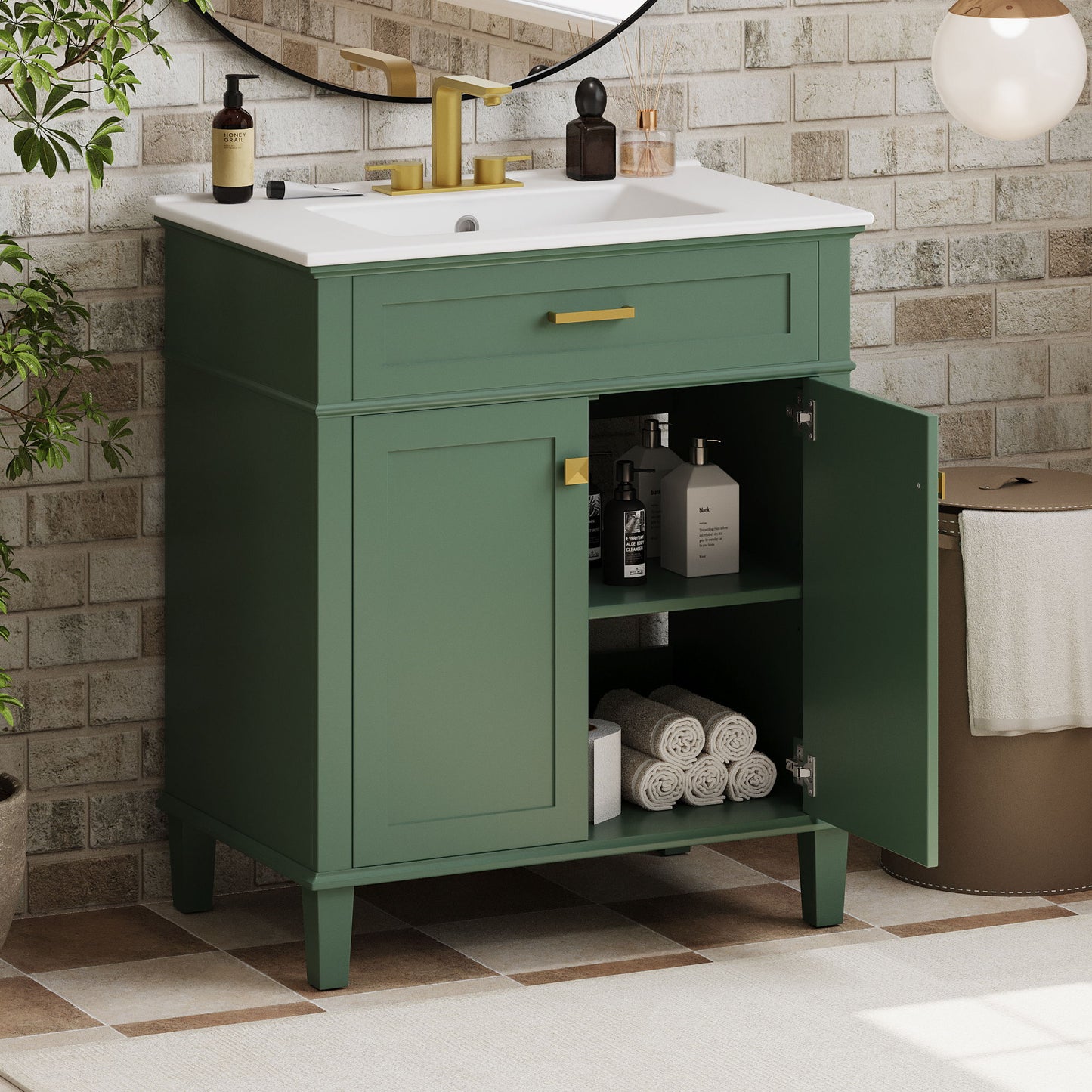 Mueble de baño con lavabo de cerámica, puerta de cierre suave y estantes ajustables
