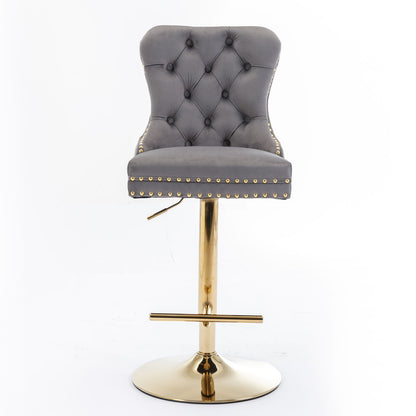 Taburetes de bar giratorios de terciopelo dorado grueso con altura de asiento ajustable de 63 a 84 cm. Taburetes de bar modernos tapizados con respaldo, cómodos y capitoné para el hogar, el pub y la isla de cocina (juego de 2).