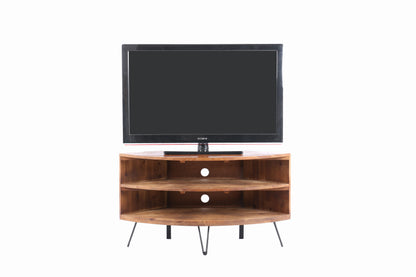 Mesa de centro esquinera de madera recuperada en forma de abanico para sala de estar: aprovecha el espacio de forma inteligente - Natural