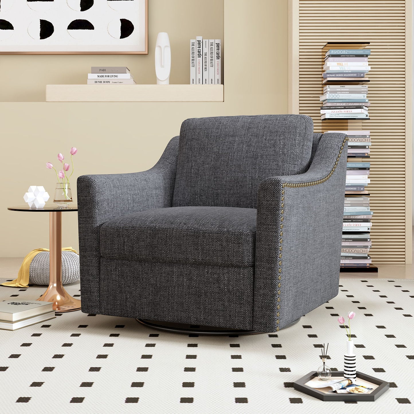 360 Degree Swivel Armchair, Skin Friendly Fabric, Ergonomic Design, Brass Nail Decorative Armchair