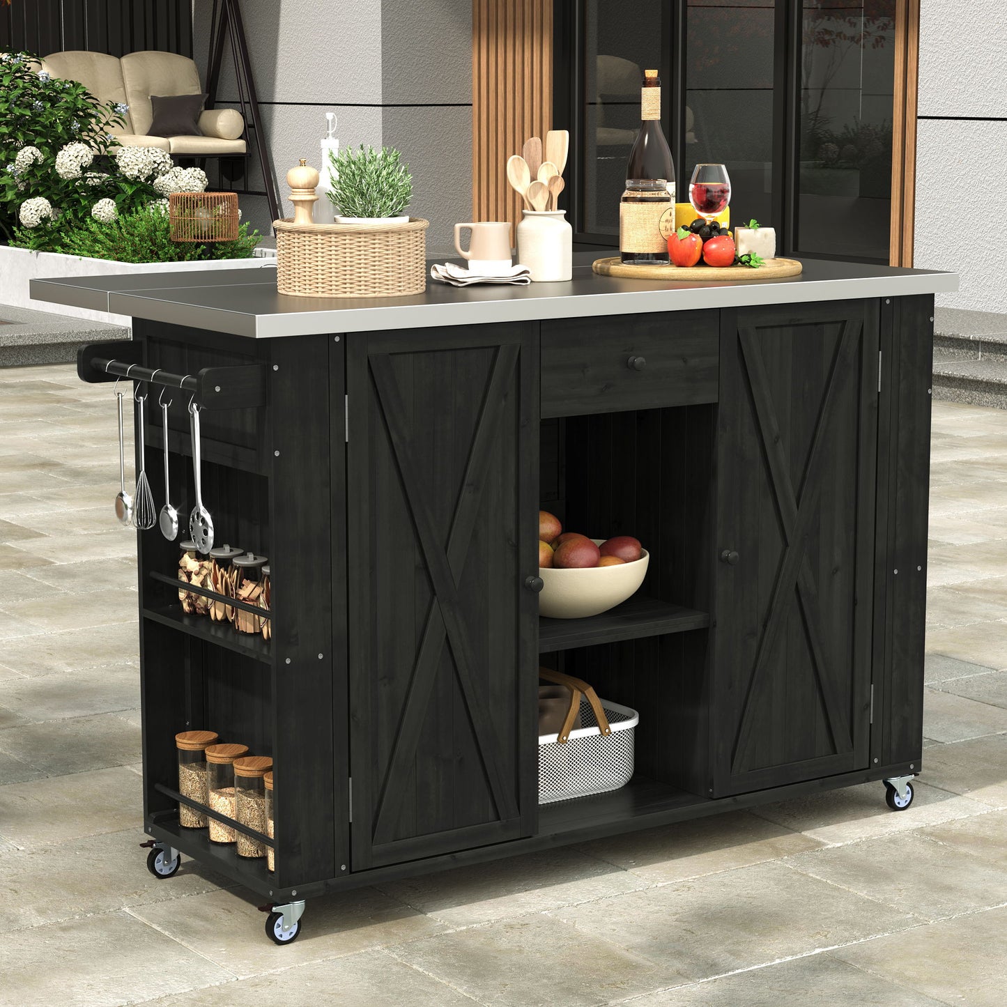 Outdoor Kitchen Island With Stainless Steel Top, Ample Storage Space, Towel And Spice Racks And A Bottle Opener