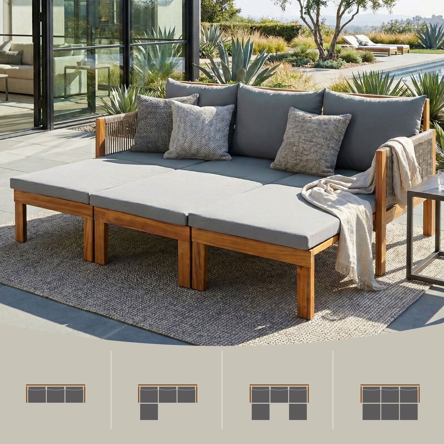 Outdoor Daybed, Patio Sofa Bed, 3 Seat Convertible Sunbed