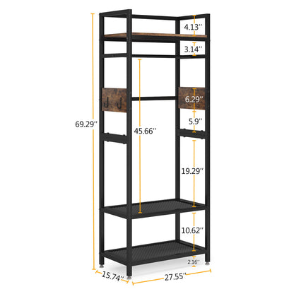 Rack With Hanging Rod, 4 Hooks, Heavy Duty Freestanding Closet Organizer - Brown / Black