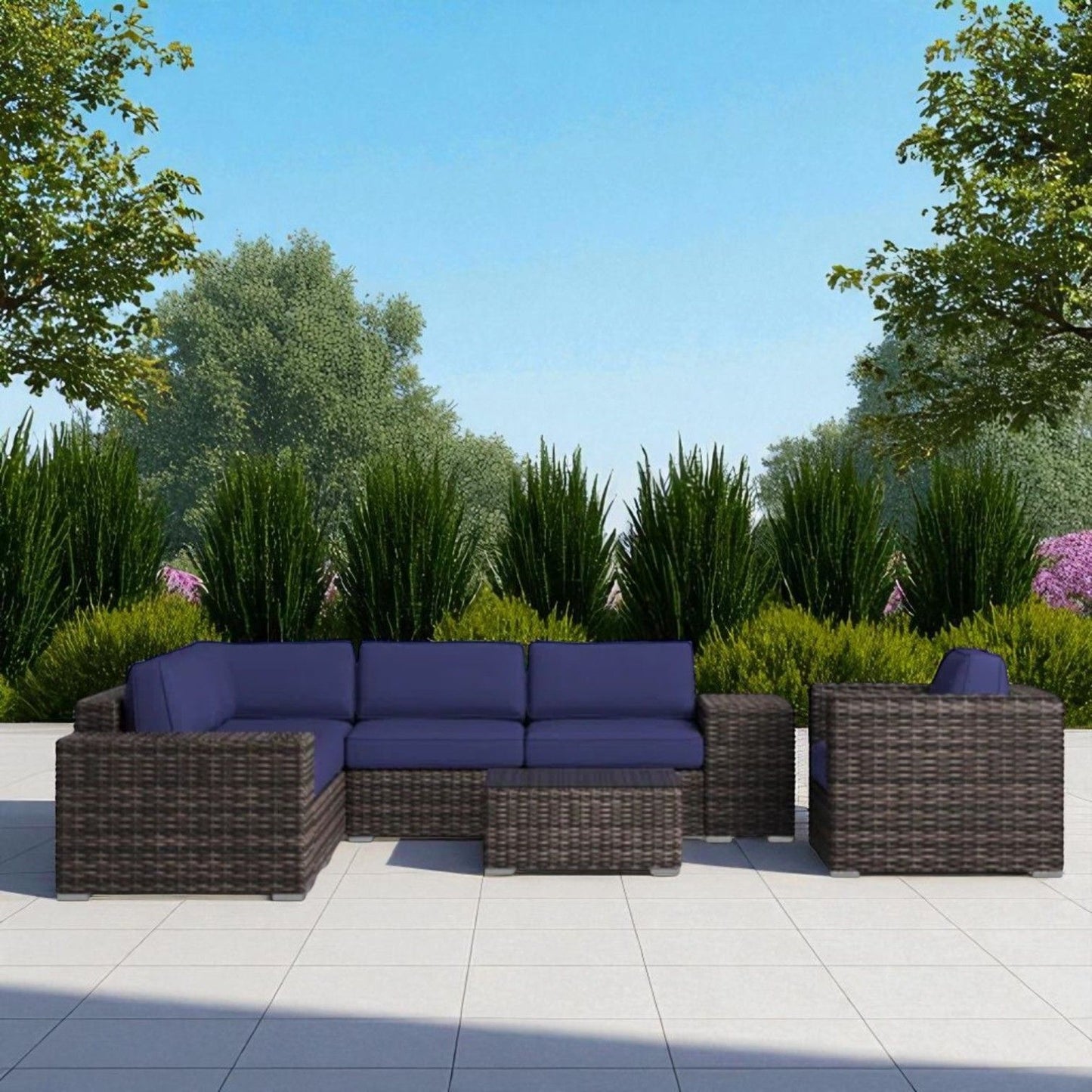 Wicker Seating Group Set With Table And Cushions