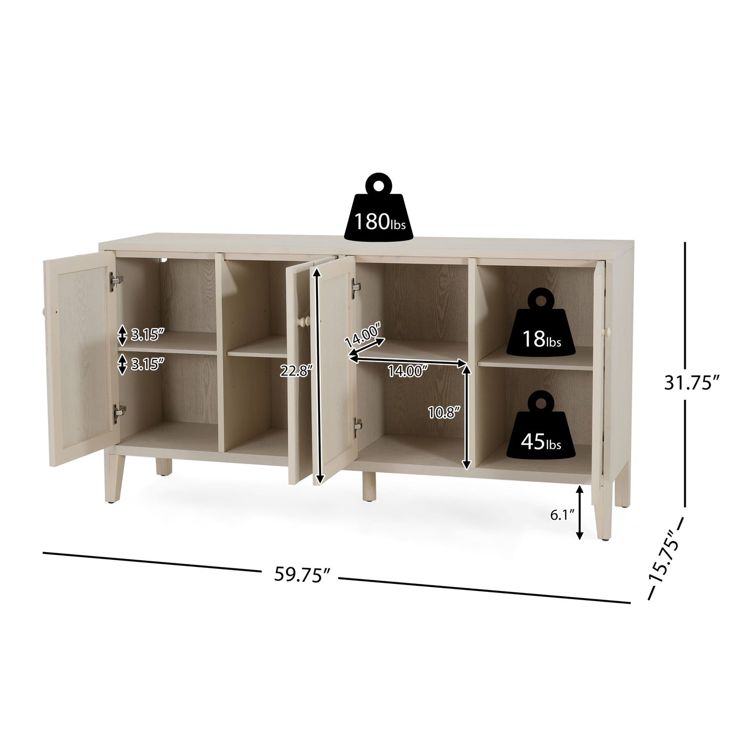 Mid Century Modern Wood Sideboard With Adjustable Shelves And Storage Cabinet - White Washed