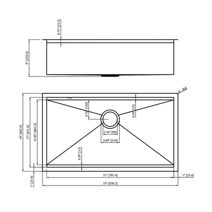 33" Undermount Kitchen Sink Single Bowl Stainless Steel Ledge Workstation In Brushed Nickel, 16 Gauge 304 Stainless Steel, 33 X 19 X 9 Inch