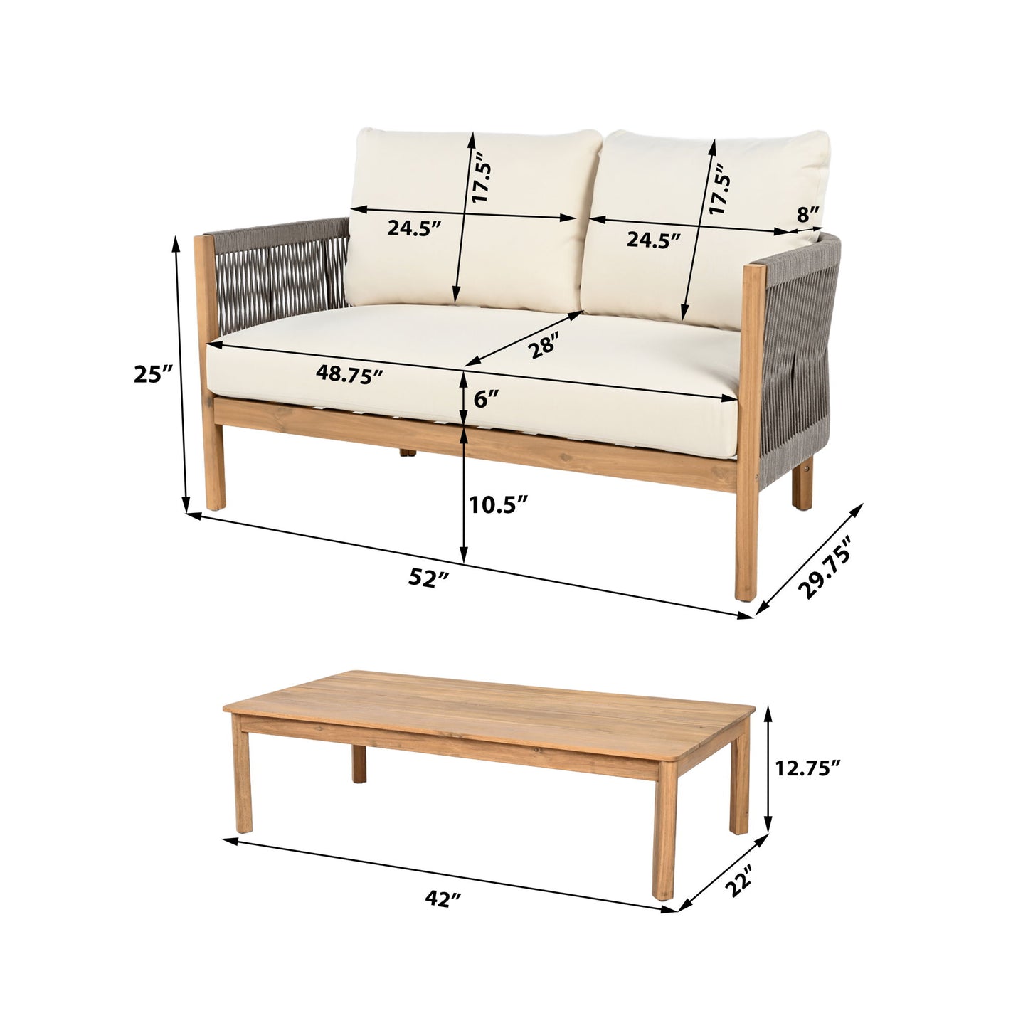2 Pieces Outdoor Acacia Furniture Set, Woven Rope Outdoor Patio Loveseat, 2 Seat Deep Seating Group With Cushions And Coffee Table For Porch - Teak / Gray / Beige