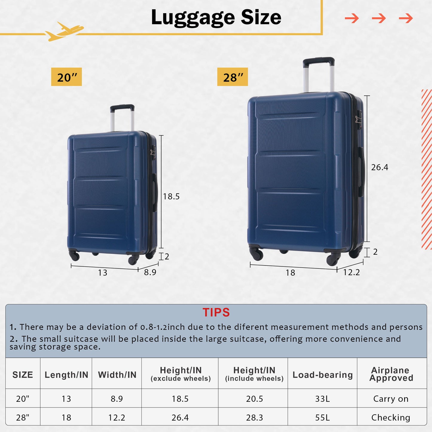 Juego de 2 maletas con ruedas giratorias extensibles, maleta ligera de ABS con cerradura TSA de 20"/28"