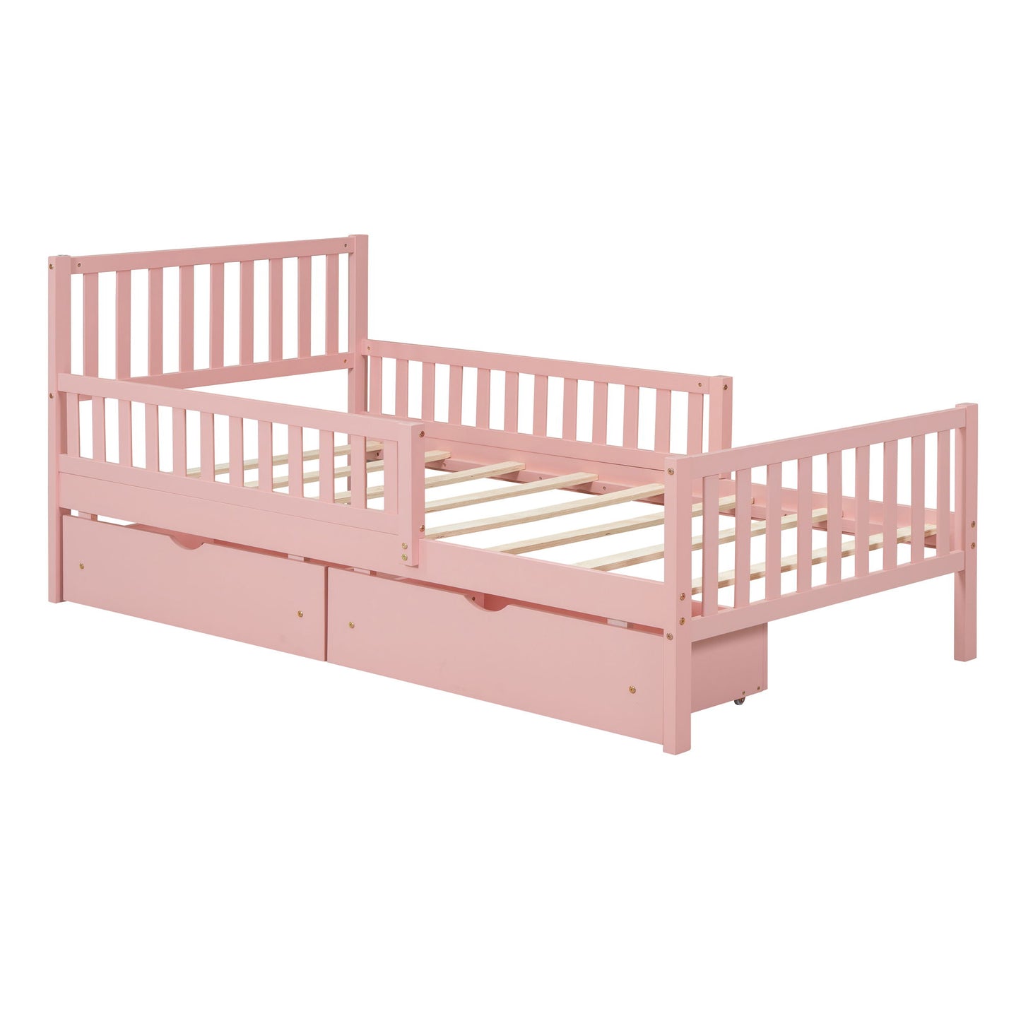 Platform Bed With Guardrails On Both Sides And 2 Storage Drawers