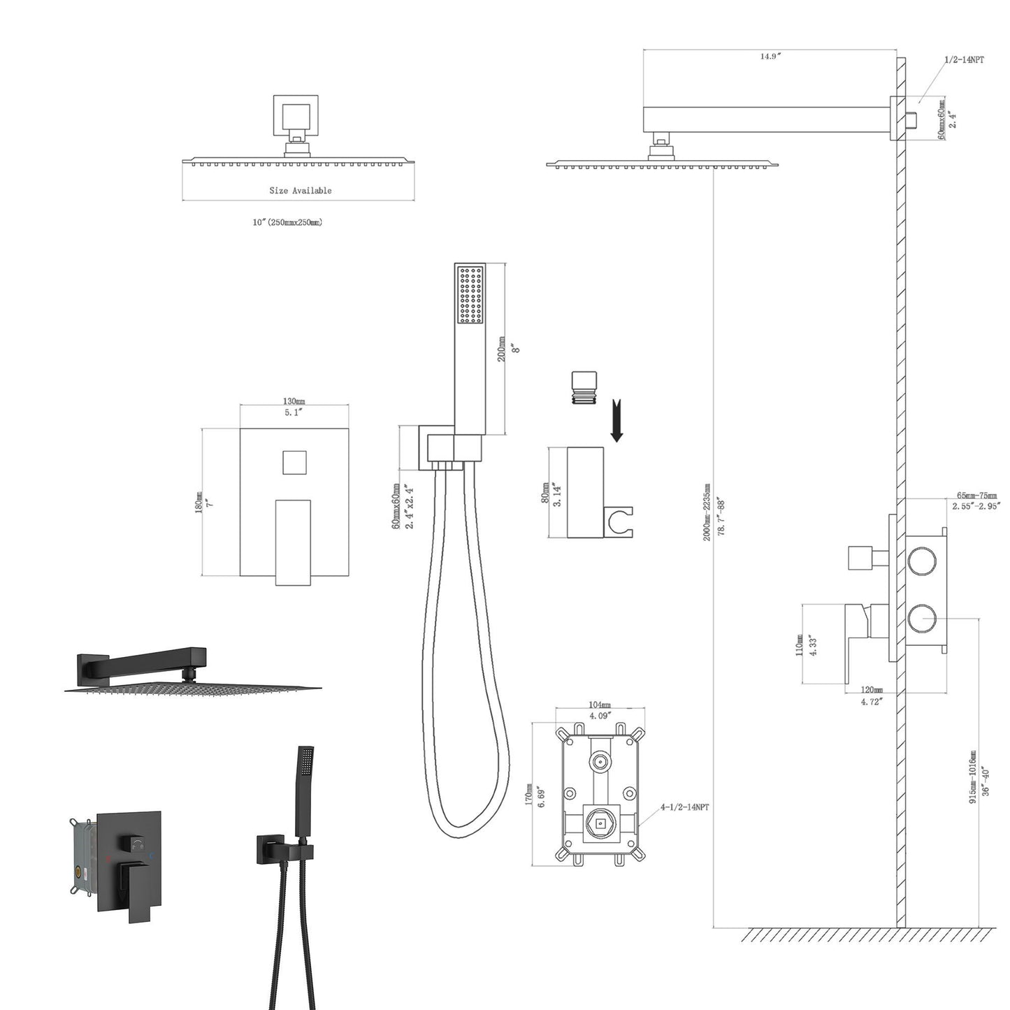 10" Square Dual Shower Head System Wall Mounted With Rough In Valve Modern Bathroom Fixture