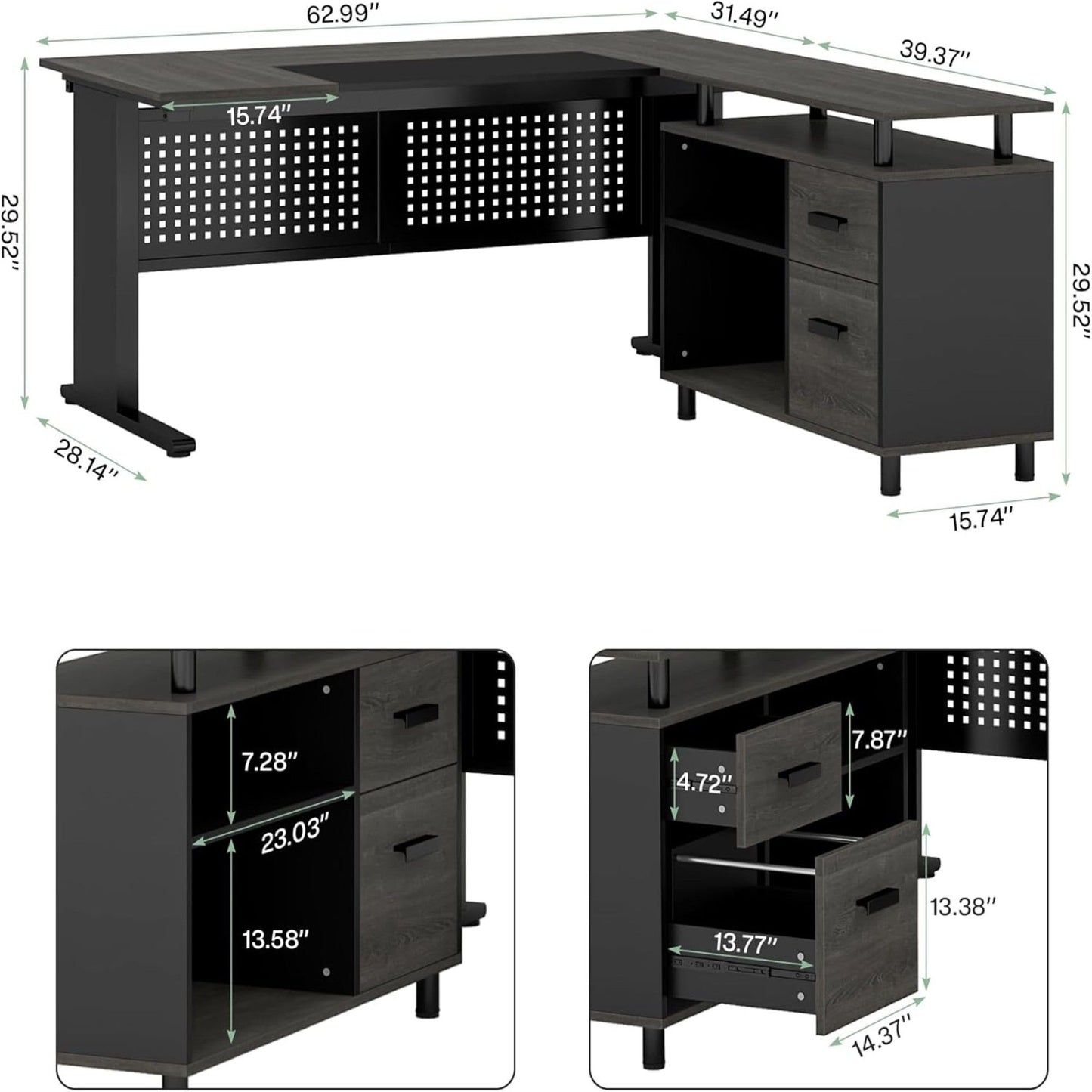 L-Shaped Executive Desk With File Cabinet, Office Workstation With Drawers, Shelves & Storage