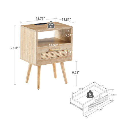 Mesa auxiliar de ratán de 40 cm con toma de corriente y puertos USB, mesita de noche moderna con cajón y patas de madera maciza, mesa auxiliar para sala de estar y dormitorio.