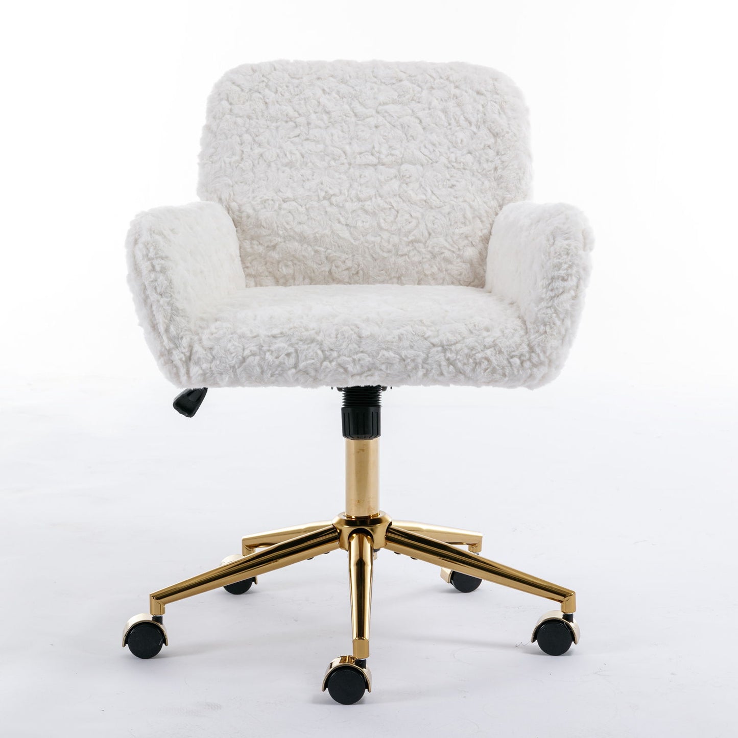 Silla de oficina con pelo artificial de conejo y base de metal dorado, ajustable, giratoria y de tocador.