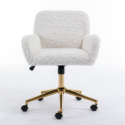 Silla de oficina con pelo artificial de conejo y base de metal dorado, ajustable, giratoria y de tocador.