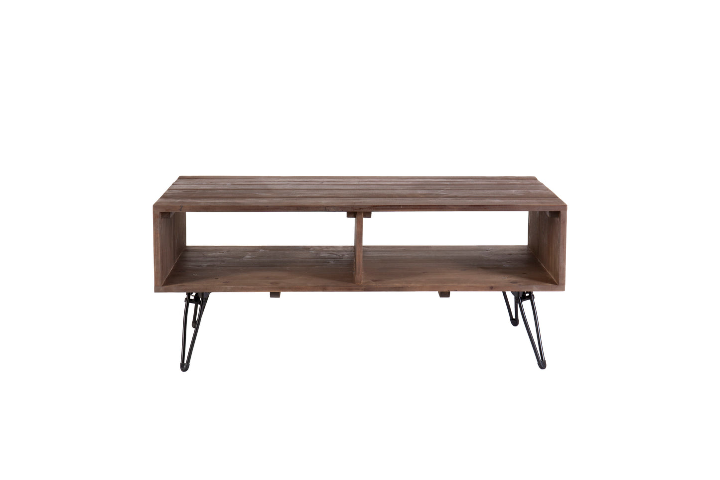 Mesa de centro de madera recuperada con espacio de almacenamiento abierto para salón, patas de metal, plegable - Negro/Natural