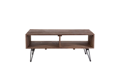 Mesa de centro de madera recuperada con espacio de almacenamiento abierto para salón, patas de metal, plegable - Negro/Natural