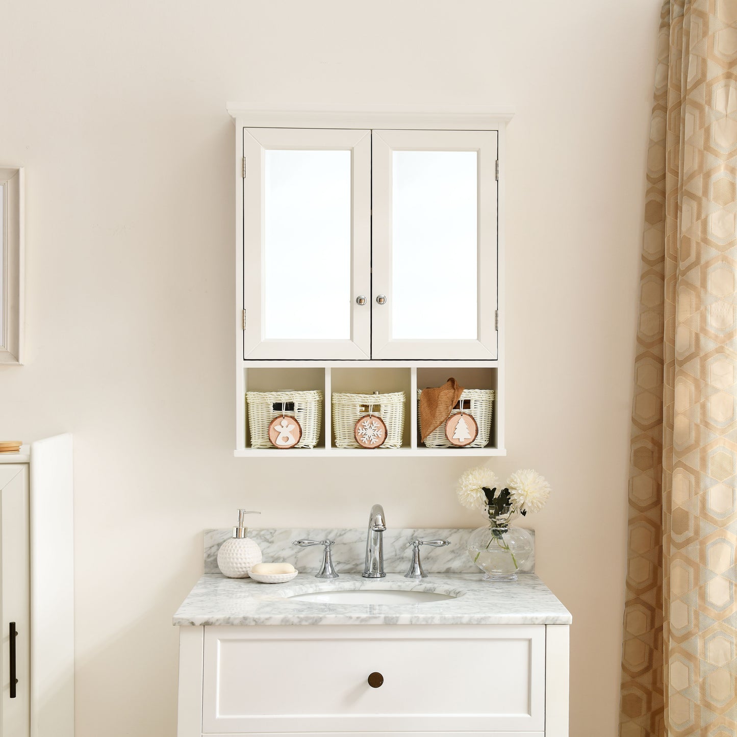 Bathroom Storage Cabinet, Medicine Cabinets For Bathroom With Mirror, 2 Doors 2 Adjustable Shelf & 3 Christmas Style Storage Basket - White