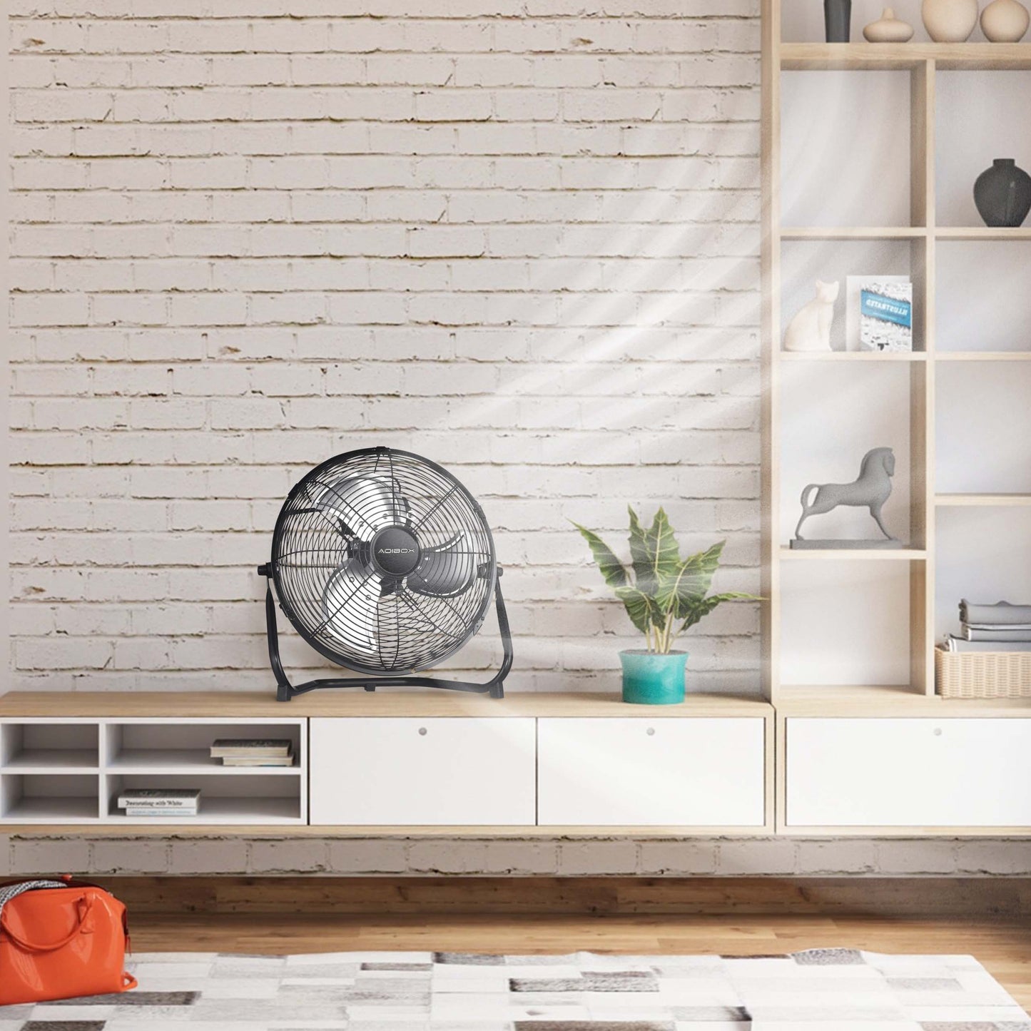 Ventilador de piso industrial de metal resistente de 3 velocidades y alta velocidad con cabezal inclinable para uso en exteriores e interiores.