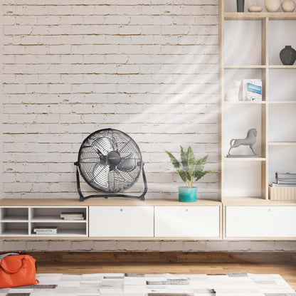 Ventilador de piso industrial de metal resistente de 3 velocidades y alta velocidad con cabezal inclinable para uso en exteriores e interiores.