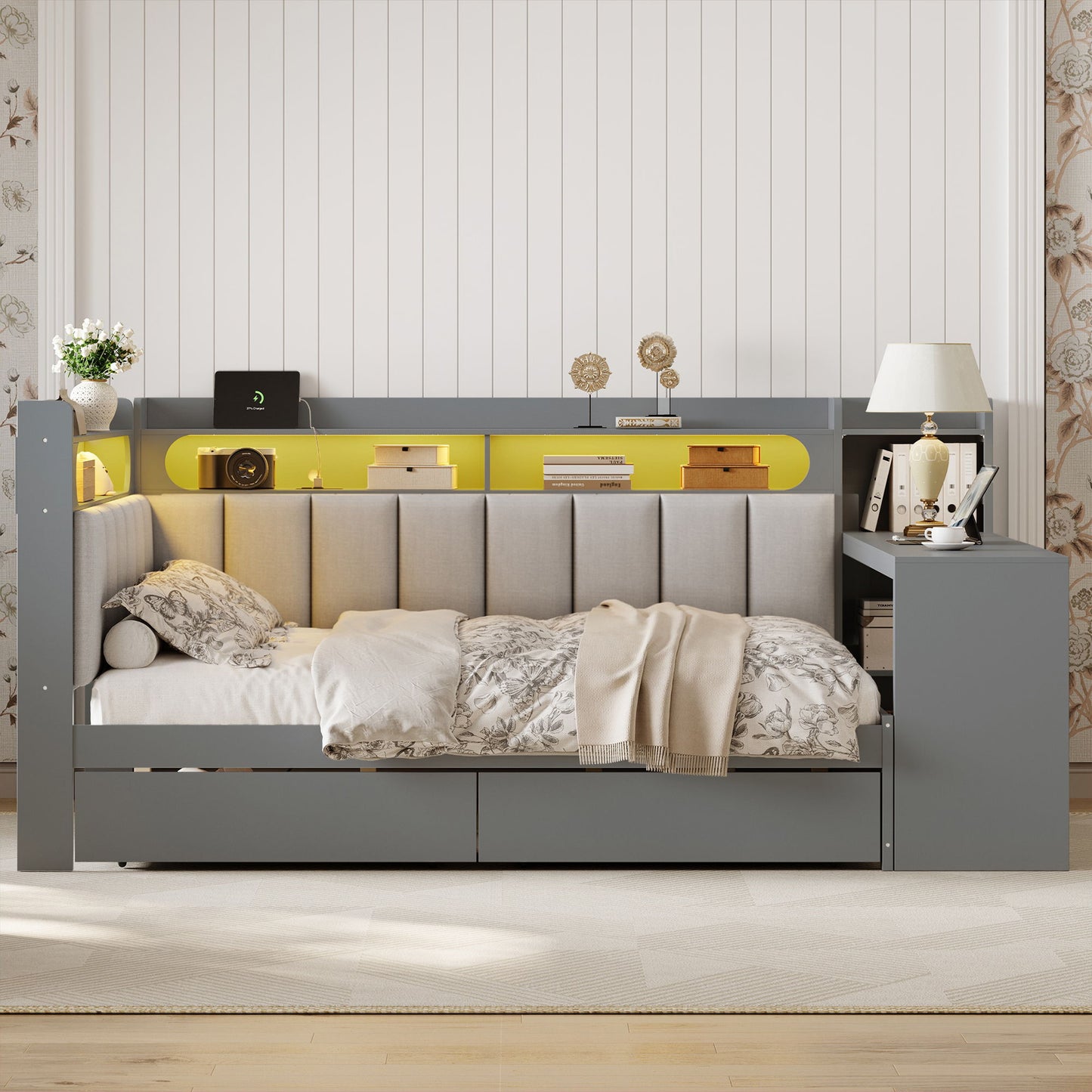 Daybed With Upholstered Headboard, Storage Shelves, Drawers, Charging Station, LED Light, And Adjustable Desk
