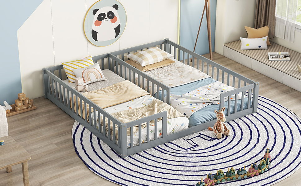 Cama doble de piso con valla, barandillas y sin puerta