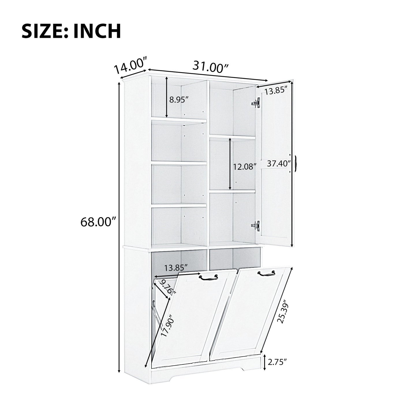 Bathroom Storage Cabinet With Doors And Drawers, Tilt Out Laundry Hamper, Multiple Storage Space, Freestanding Style, Open Shelve, Adjustable Shelf - Gray