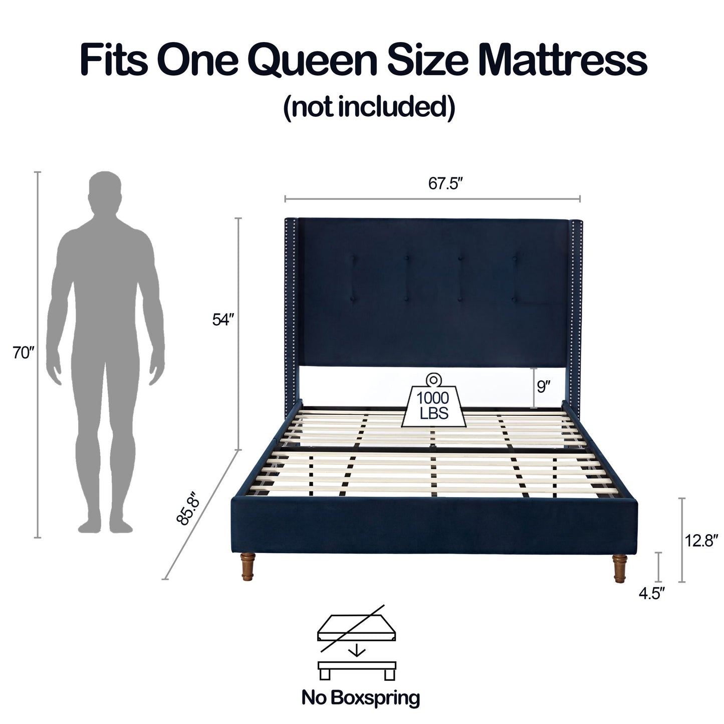 Peyton - Cama tapizada con cabecera de 137 cm de alto y capitoné tradicional abotonado a mano