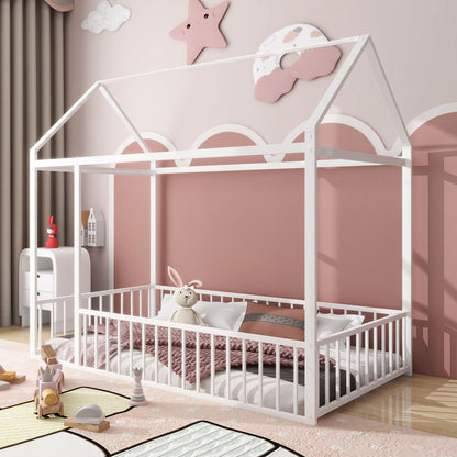 Cama de metal con estructura de cama y valla