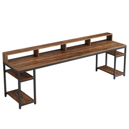 2 Person Desk With Monitor Stand, Long Office Workstation With Dual Storage Shelves And Frame - Brown / Black