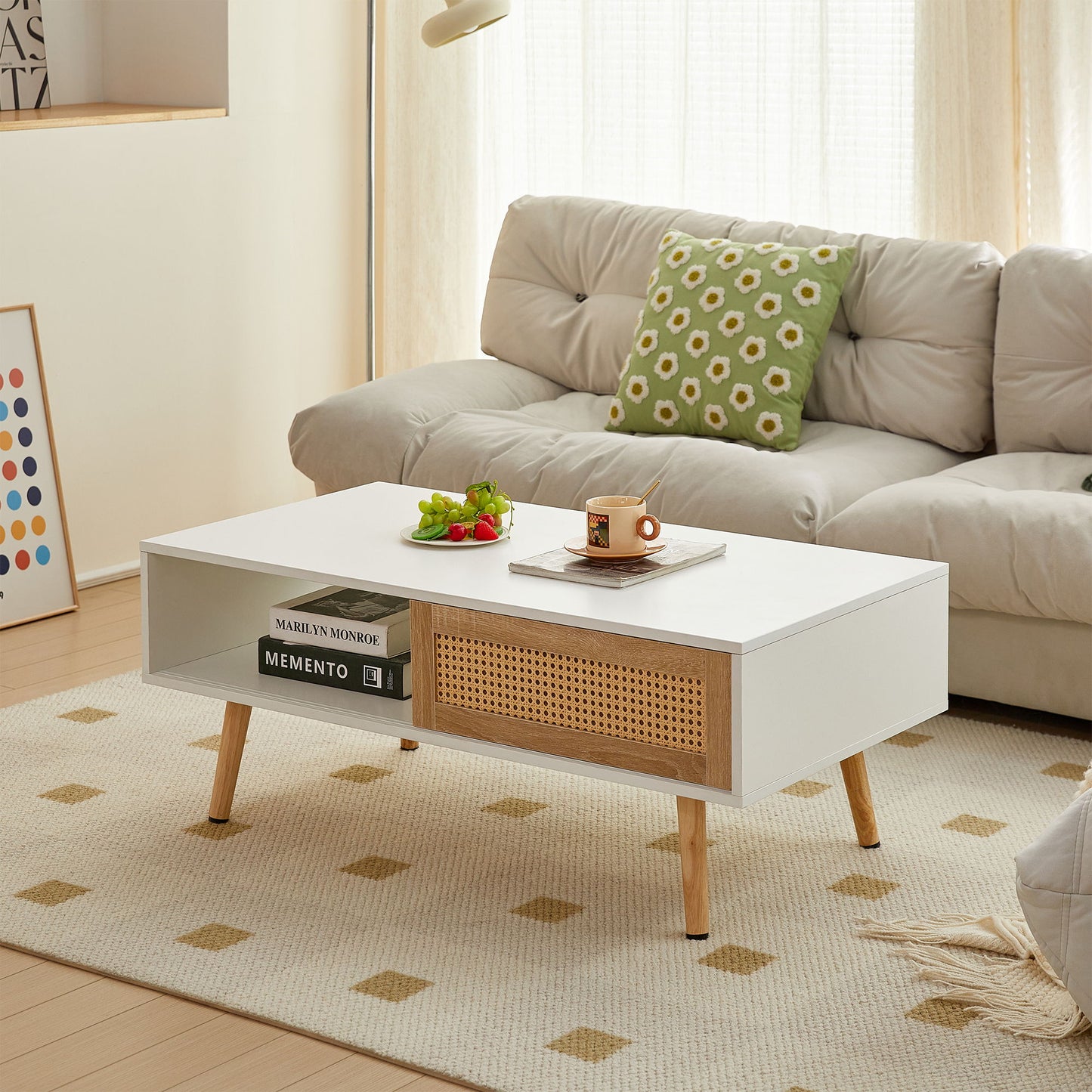 Mesa de centro de ratán de 105 cm, puerta corrediza para almacenaje, patas de madera maciza, mesa moderna para sala de estar.