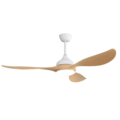 Ventiladores de techo modernos con luz LED regulable y motor CC reversible y silencioso para interiores y exteriores, color blanco.