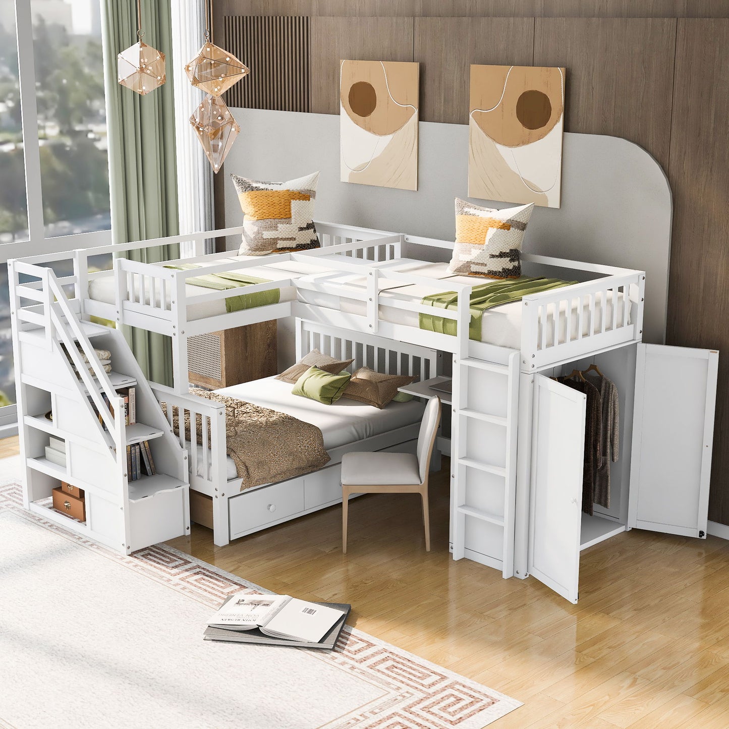 L Shaped Bunk Bed With 3 Drawers, Portable Desk And Wardrobe
