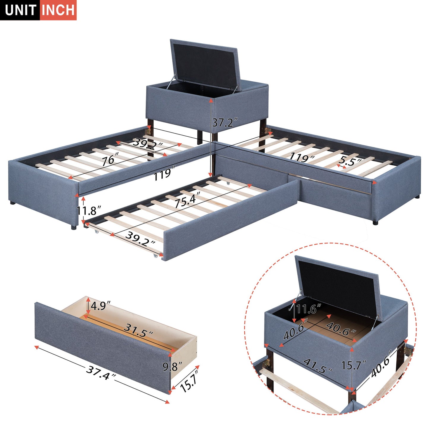 L Shaped Upholstered Platform Bed With Trundle And 2 Drawers Linked With Built In Desk