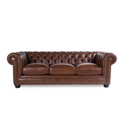 Sofá Chesterfield tradicional de cuero capitoné con diseño de cabeza de clavos
