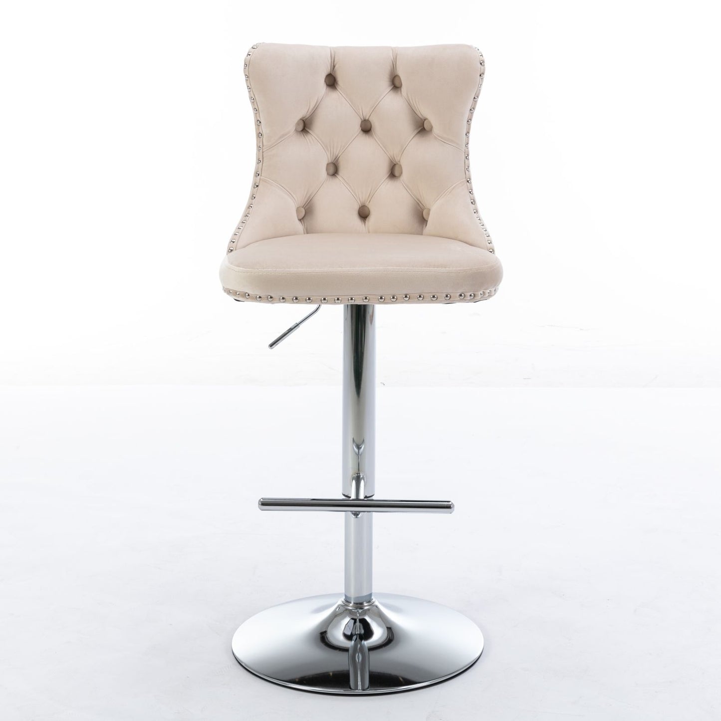 Taburetes giratorios de terciopelo con altura de asiento ajustable de 63 a 84 cm. Modernos taburetes de bar con base cromada y tapizados, cómodos y capitoné para el hogar, el pub y la isla de cocina (juego de 2).