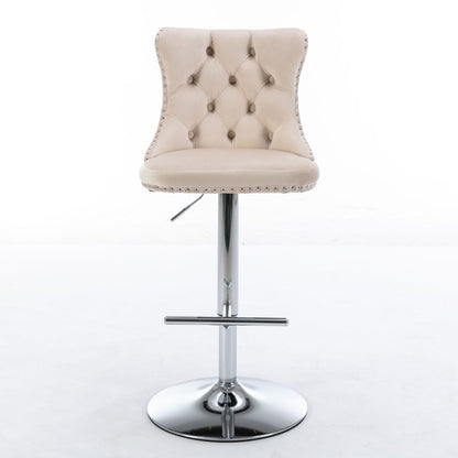 Taburetes giratorios de terciopelo con altura de asiento ajustable de 63 a 84 cm. Modernos taburetes de bar con base cromada y tapizados, cómodos y capitoné para el hogar, el pub y la isla de cocina (juego de 2).