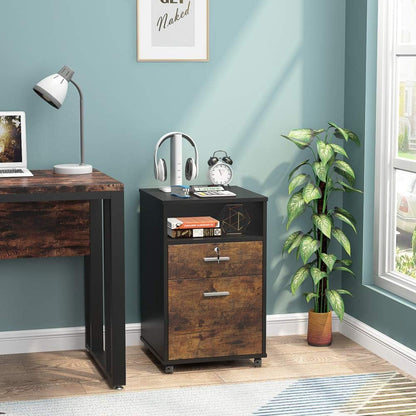 2 Drawer Mobile File Cabinet With Lock, Rolling Printer Stand For Letter Size Files - Black / Brown