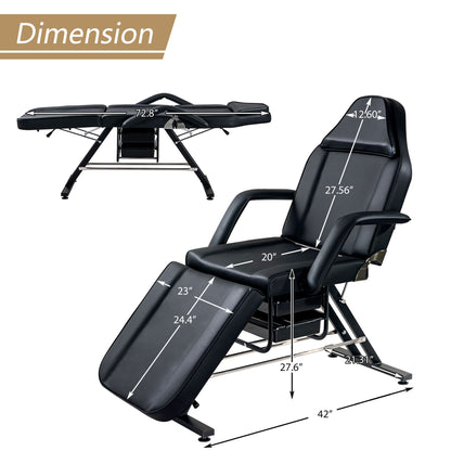 Sillón de masajes para tatuajes de 183 cm con dos bandejas, camilla de esteticista con taburete hidráulico, mesa facial multiusos de 3 secciones, equipo de belleza ajustable para barbería, spa y belleza.