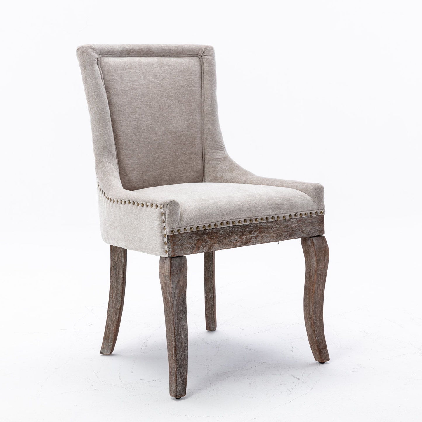 Silla de comedor Ultra Side, de tela gruesa, con patas de madera maciza en tonos neutros y tachuelas de bronce (juego de 2)