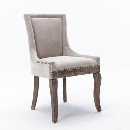 Silla de comedor Ultra Side, de tela gruesa, con patas de madera maciza en tonos neutros y tachuelas de bronce (juego de 2)