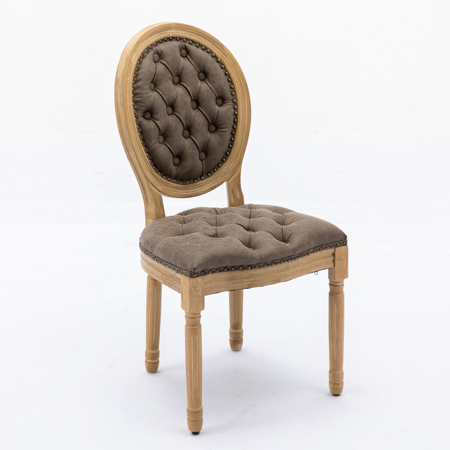 Silla de comedor de estilo francés con marco de madera maciza, pintura antigua, hebillas hechas a mano, cuero sintético de PU, ribete de tachuelas y patas de madera.