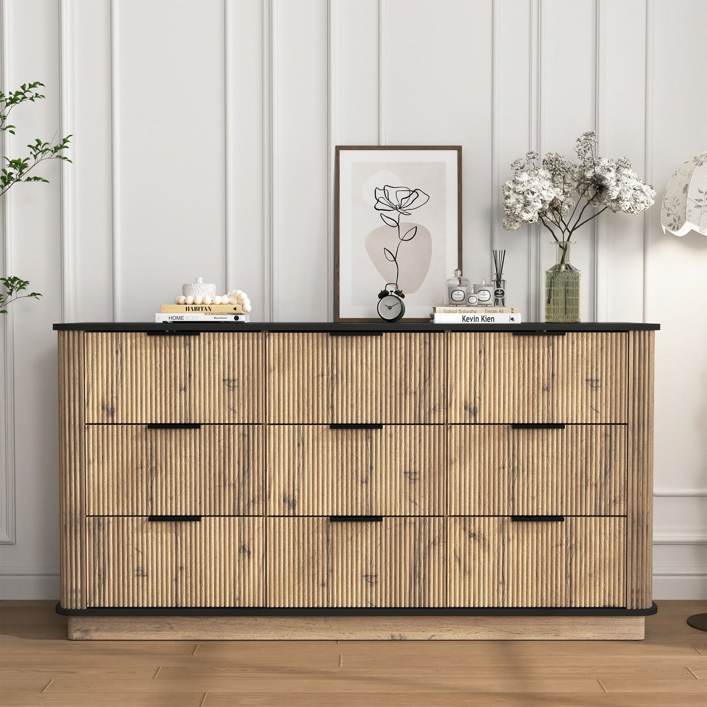 Modern 9 Drawer Cabinet With Metal Rounded Corners Multi Functional Storage - Black